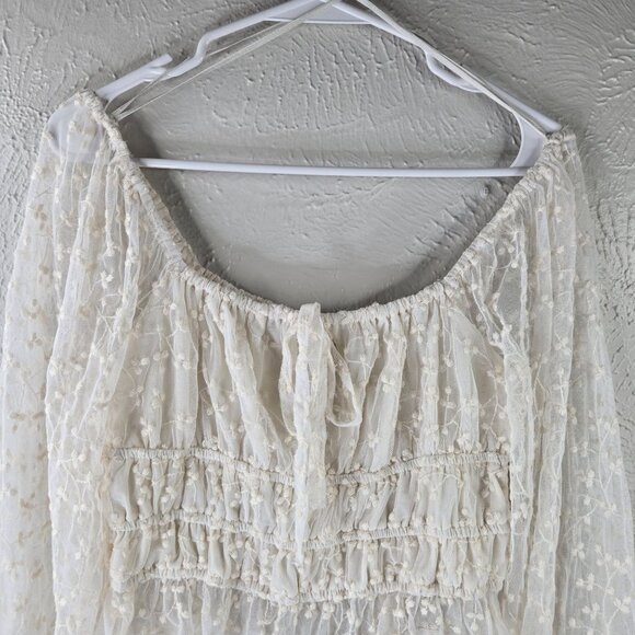 Sheer Off Shoulder Blouse M White Smocked Bell Sleeve Coquette Fairy Boho Top - Picture 4 of 11